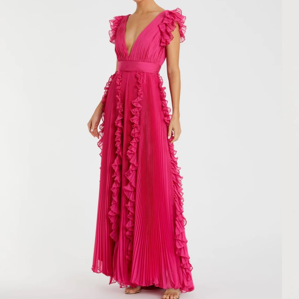 Mac Duggal Pink Pleated Ruffle Cap Sleeve Flowy A Line Gown